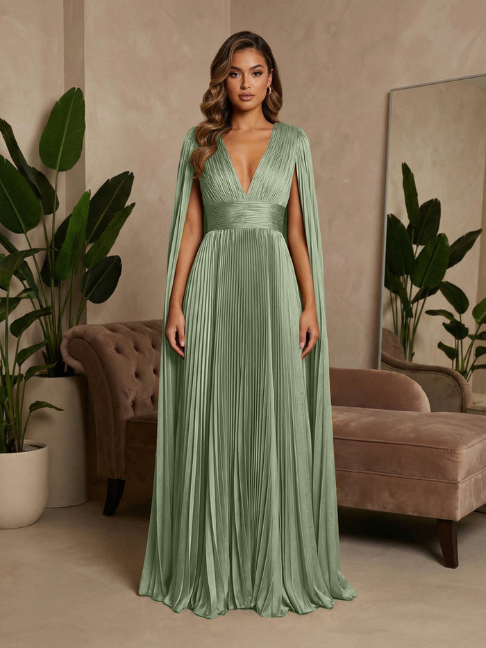 V-Neck Pleated Satin A-Line Formal Dresses with Wrap