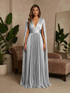 V-Neck Pleated Satin A-Line Formal Dresses with Wrap