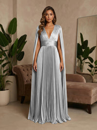 V-Neck Pleated Satin A-Line Formal Dresses with Wrap