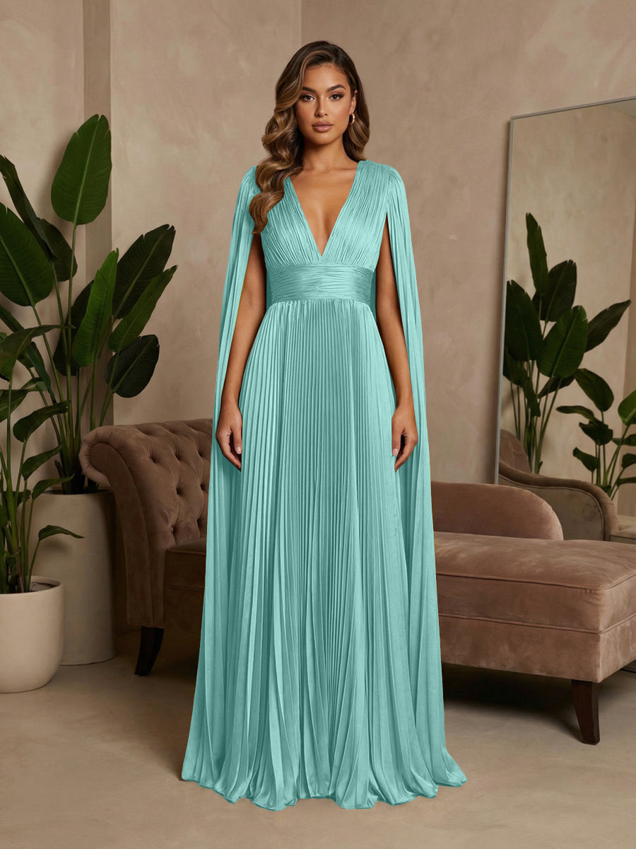 V-Neck Pleated Satin A-Line Formal Dresses with Wrap