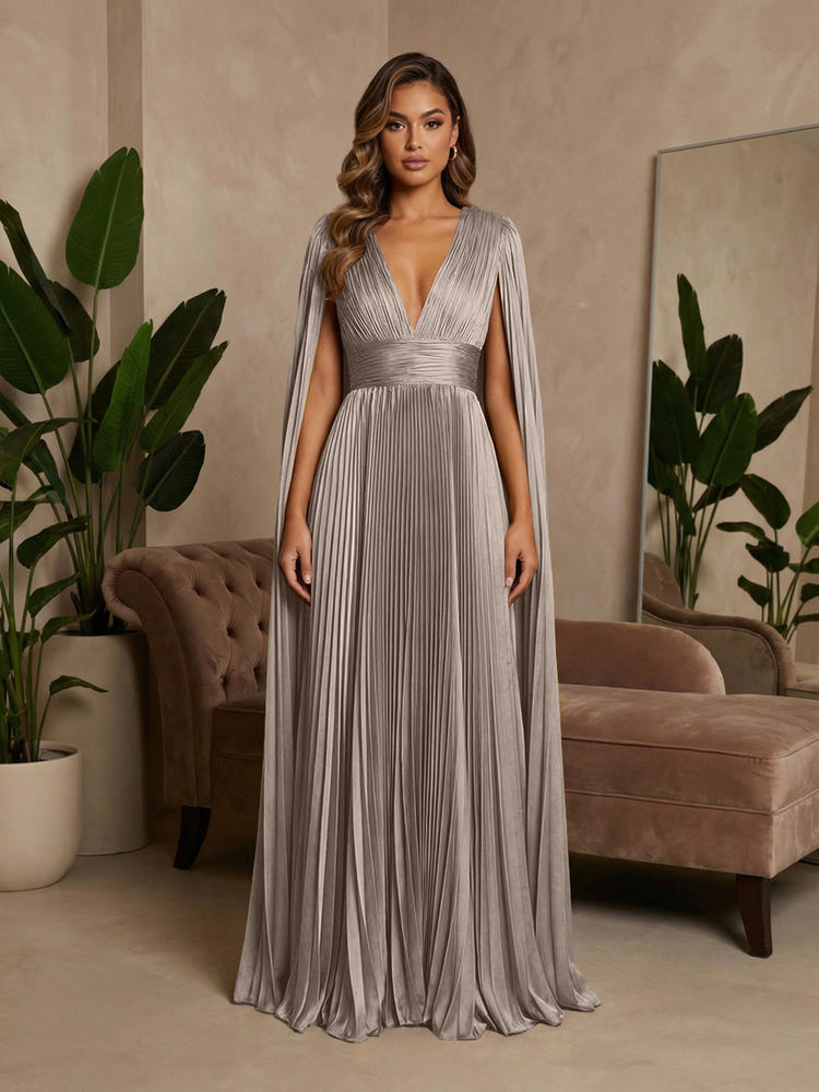 V-Neck Delicate Pleated Satin A-Line Formal Dresses with Wraps