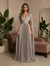 V-Neck Delicate Pleated Satin A-Line Formal Dresses with Wraps
