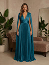 V-Neck Delicate Pleated Satin A-Line Formal Dresses with Wraps