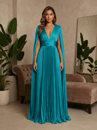 V-Neck Pleated Satin A-Line Formal Dresses with Wrap