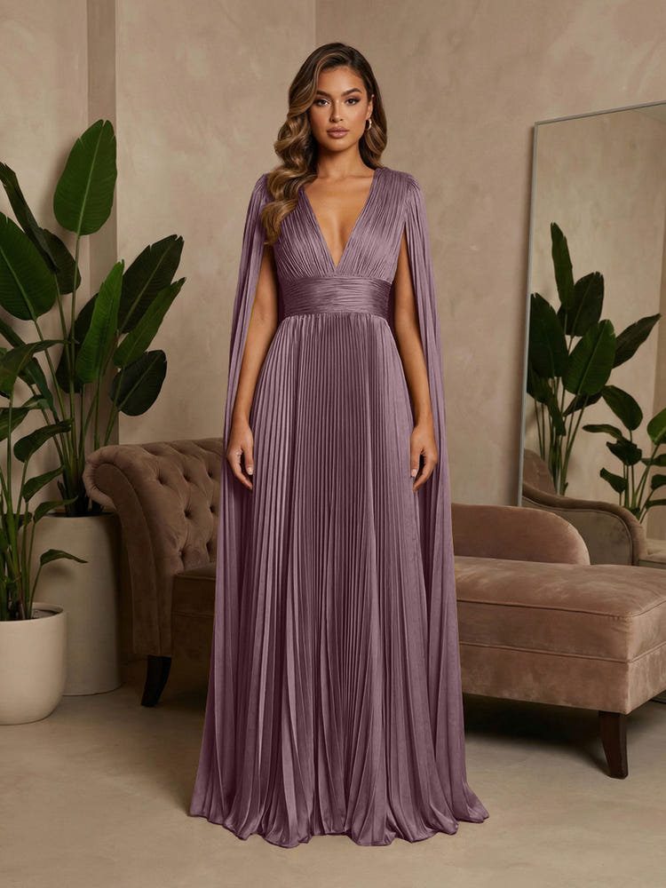 V-Neck Delicate Pleated Satin A-Line Formal Dresses with Wraps