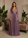 V-Neck Delicate Pleated Satin A-Line Formal Dresses with Wraps
