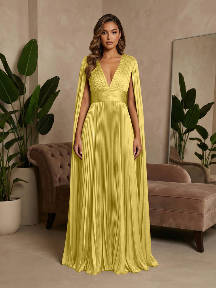 V-Neck Pleated Satin A-Line Formal Dresses with Wrap