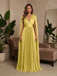 V-Neck Pleated Satin A-Line Formal Dresses with Wrap