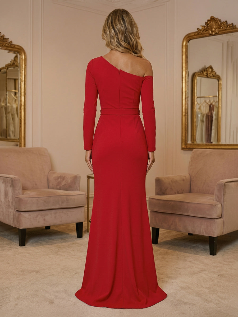 Satin Sheath Off the Shoulder Front Slit Formal Dresses