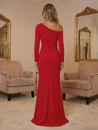 Satin Sheath Off the Shoulder Front Slit Formal Dresses
