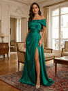 Satin Mermaid Off the Shoulder Side Slit Formal Dresses