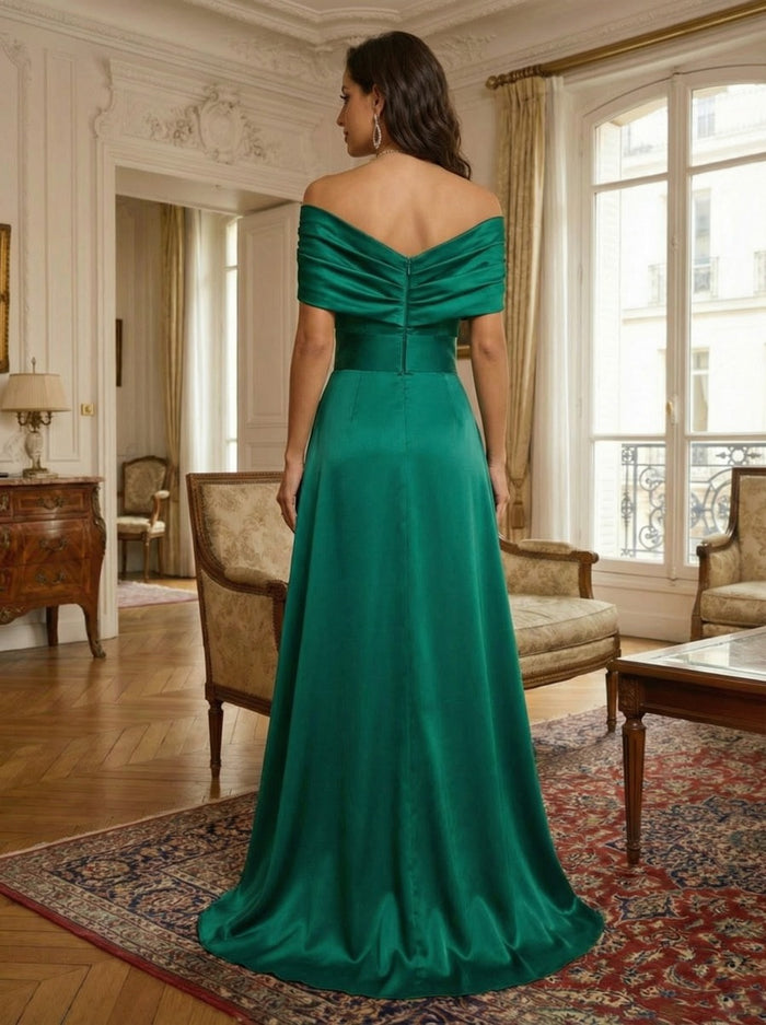 Satin Mermaid Off the Shoulder Side Slit Formal Dresses