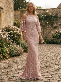 Lace Appliques Mermaid Halter Floor Length Evening Dresses