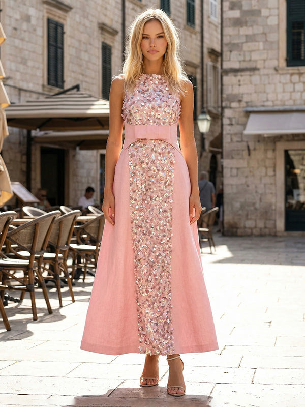 Linen A-Line High Neck Sequin Formal Dresses