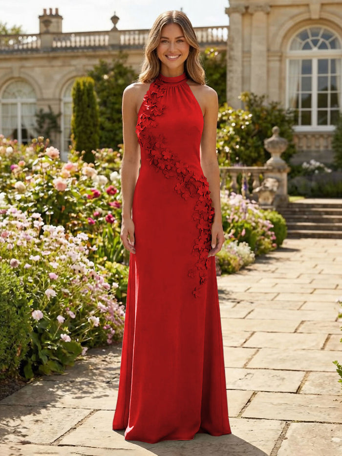 Jersey Sheath Halter 3D Flowers Formal Dresses