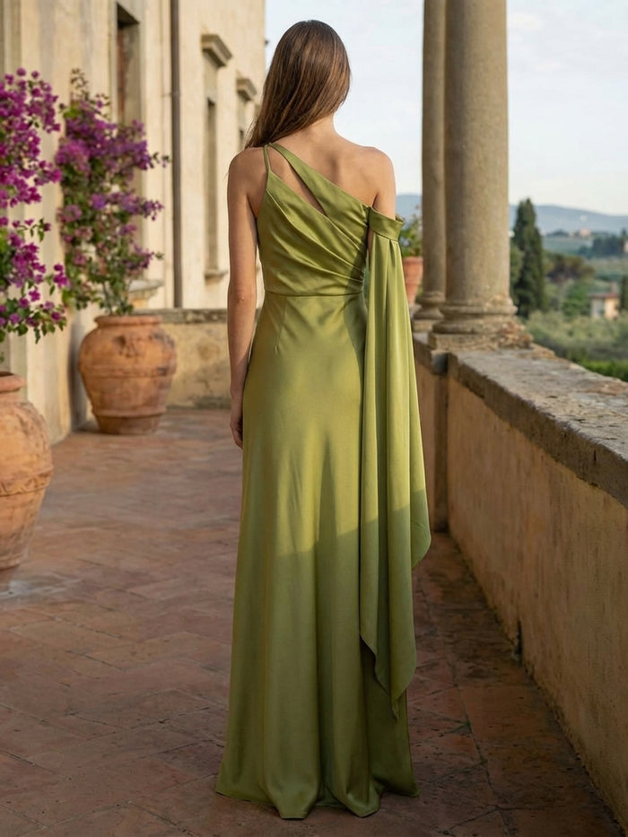 Satin Sheath One Shoulder Pleated Formal Dresses