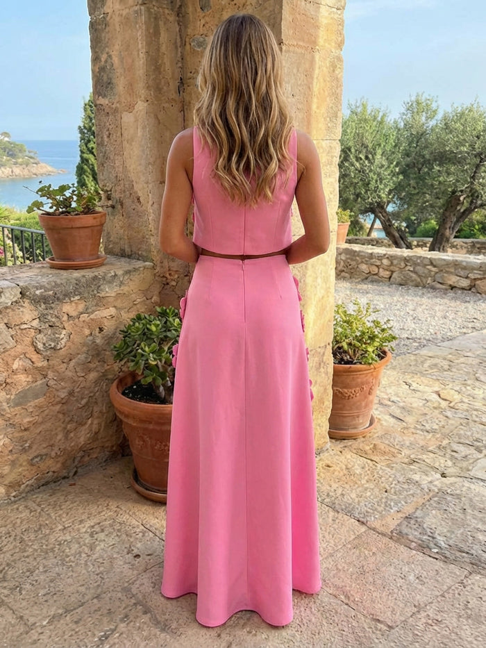 2 Piece Jersey A-Line High Neck 3D Flowers Formal Dresses