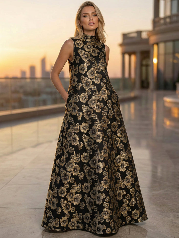 Satin Jacquard A-Line High Neck Pocket Formal Tent/ Trapeze Dresses