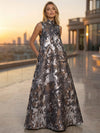 Satin Jacquard A-Line High Neck Pocket Formal Tent/ Trapeze Dresses