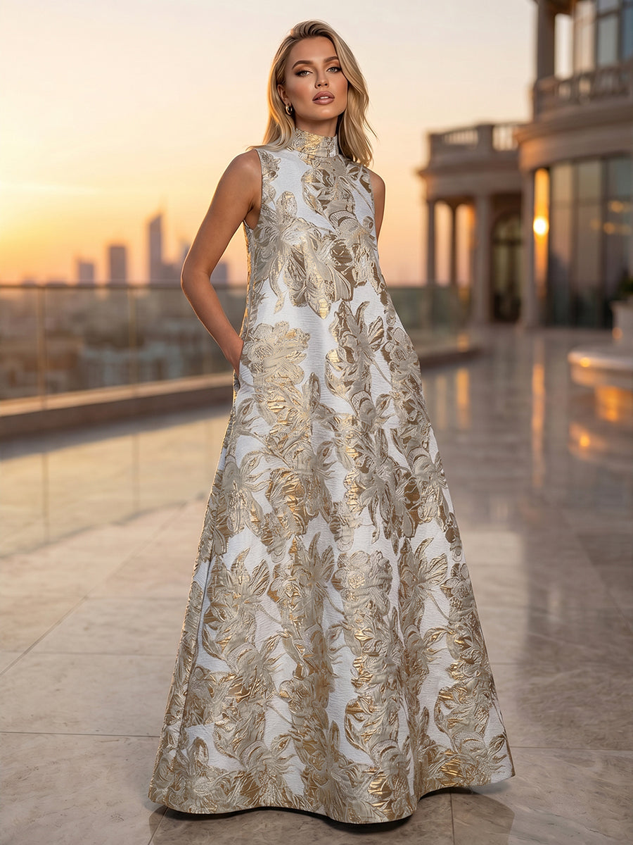 Satin Jacquard A-Line High Neck Pocket Formal Dresses