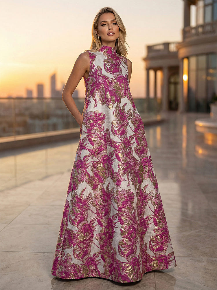 Satin Jacquard A-Line High Neck Pocket Formal Dresses