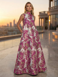 Satin Jacquard A-Line High Neck Pocket Formal Dresses