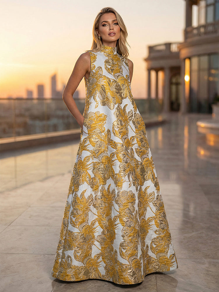 Satin Jacquard A-Line High Neck Pocket Formal Dresses