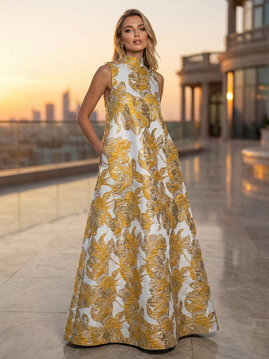 Satin Jacquard A-Line High Neck Pocket Formal Dresses