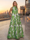 Satin Jacquard A-Line High Neck Pocket Formal Dresses