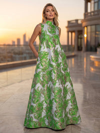 Satin Jacquard A-Line High Neck Pocket Formal Dresses