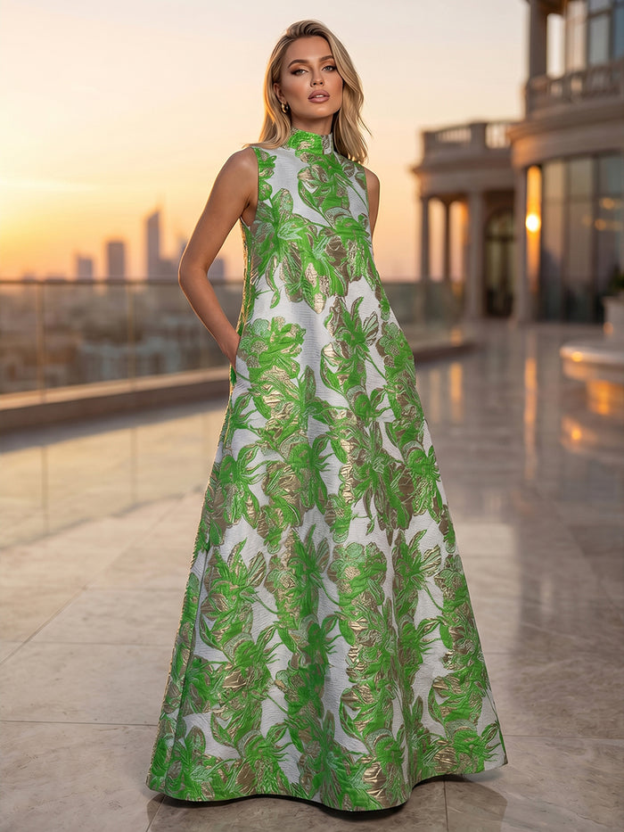 Satin Jacquard A-Line High Neck Pocket Formal Dresses