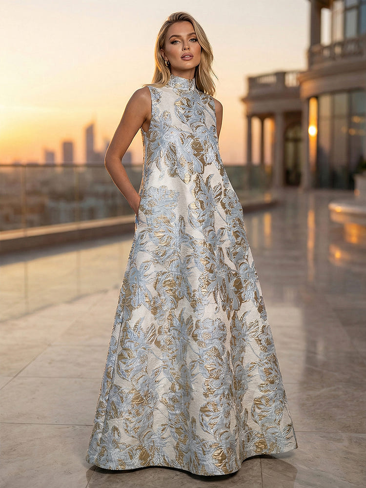 Satin Jacquard A-Line High Neck Pocket Formal Dresses