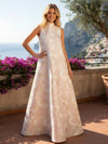 Satin Jacquard A-Line High Neck Pocket Formal Dresses