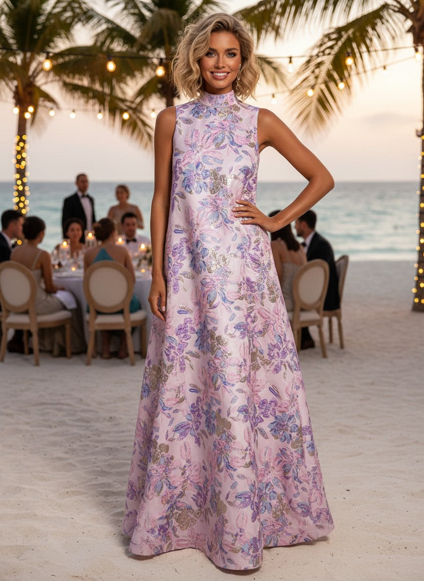 Satin Jacquard A-Line High Neck Pocket Formal Dresses