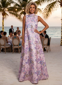 Satin Jacquard A-Line High Neck Pocket Formal Dresses