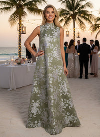 Satin Jacquard A-Line High Neck Pocket Formal Dresses