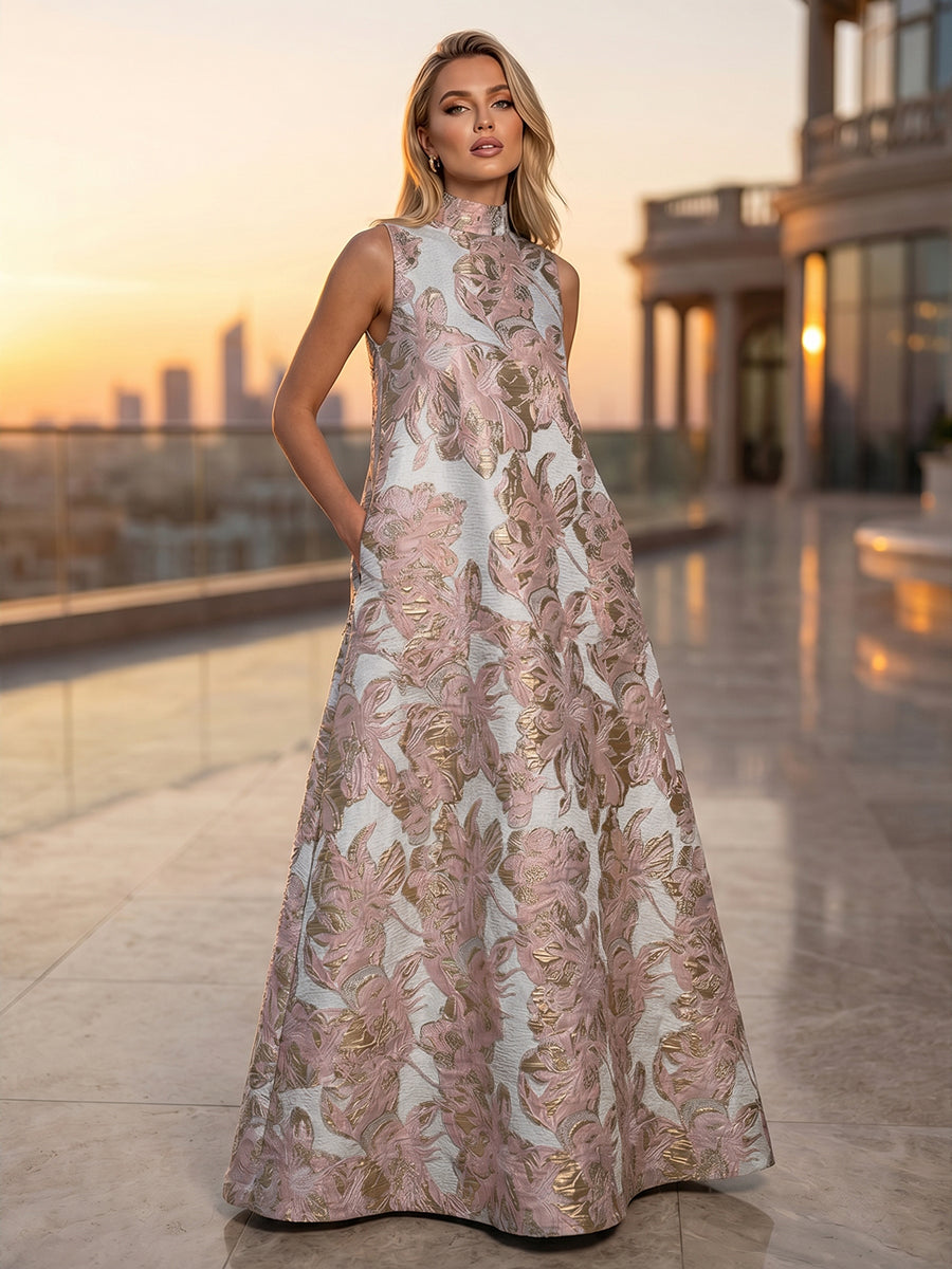 Satin Jacquard A-Line High Neck Pocket Formal Dresses