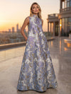 Satin Jacquard A-Line High Neck Pocket Formal Dresses