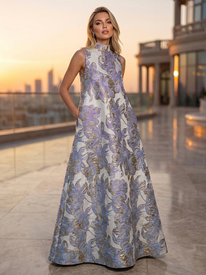 Satin Jacquard A-Line High Neck Pocket Formal Dresses