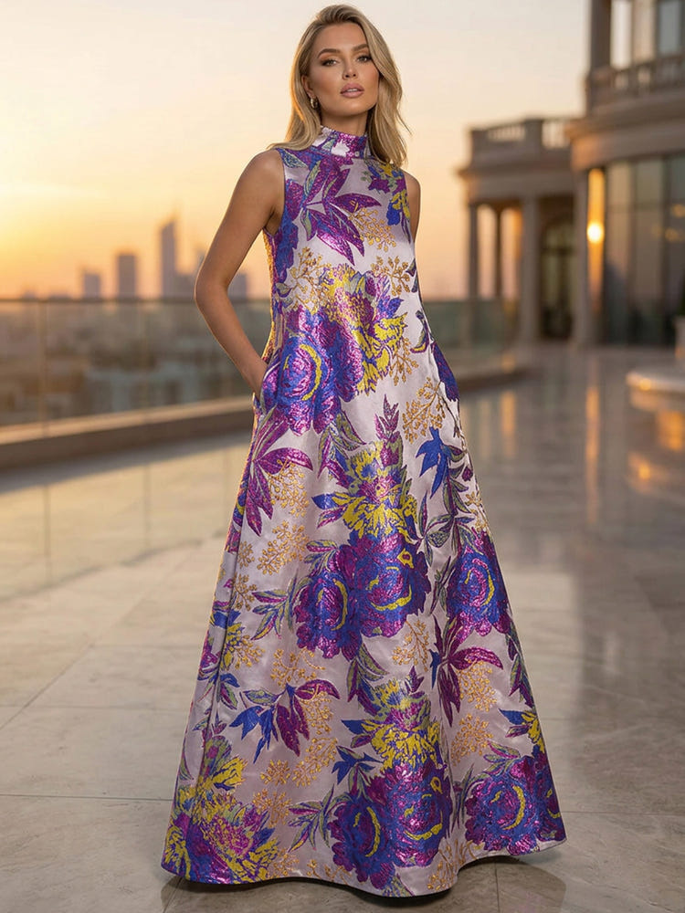 Satin Jacquard A-Line High Neck Pocket Formal Tent/ Trapeze Dresses