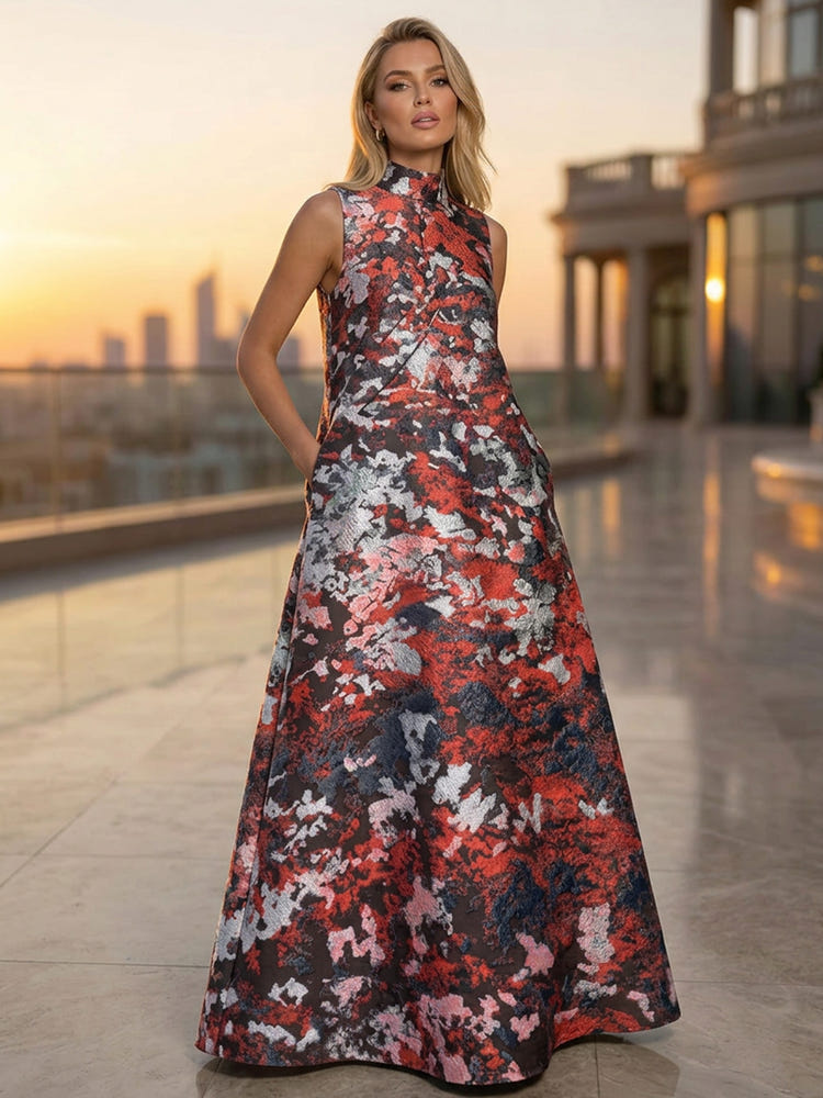 Satin Jacquard A-Line High Neck Pocket Formal Tent/ Trapeze Dresses