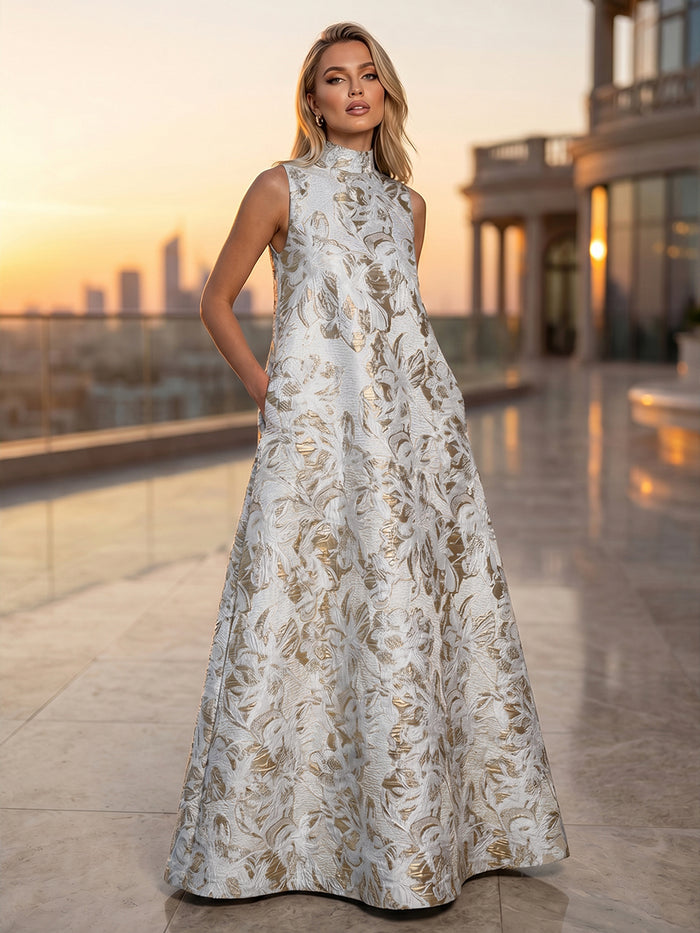Satin Jacquard A-Line High Neck Pocket Formal Dresses