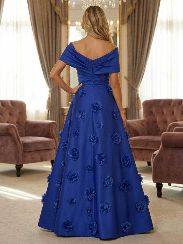 Satin A-Line Off the Shoulder 3D Flowers Formal Dresses
