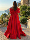 Satin A-Line Off the Shoulder Side Slit Formal Dresses