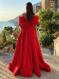 Satin A-Line Off the Shoulder Side Slit Formal Dresses