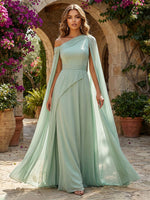 Chiffon A-Line One Shoulder Simple Formal Dresses with Cape
