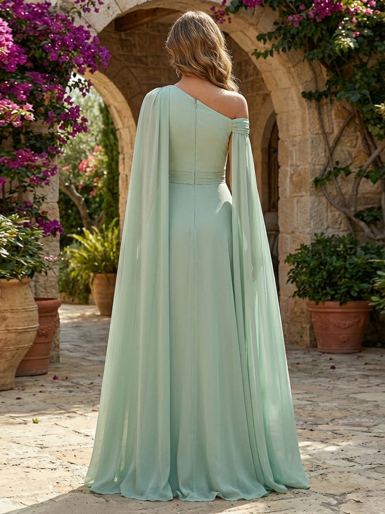 Chiffon A-Line One Shoulder Simple Formal Dresses with Cape