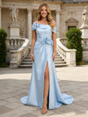 Satin A-Line Off the Shoulder 3D Flowers Formal Dresses