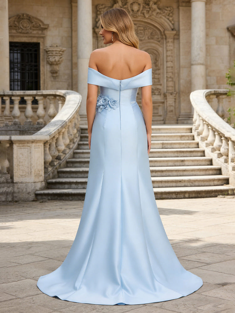 Satin A-Line Off the Shoulder 3D Flowers Formal Dresses