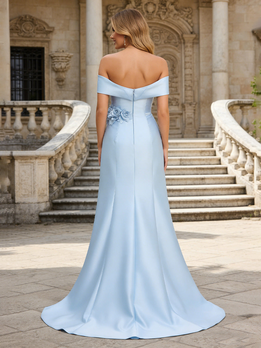 Satin A-Line Off the Shoulder 3D Flowers Formal Dresses